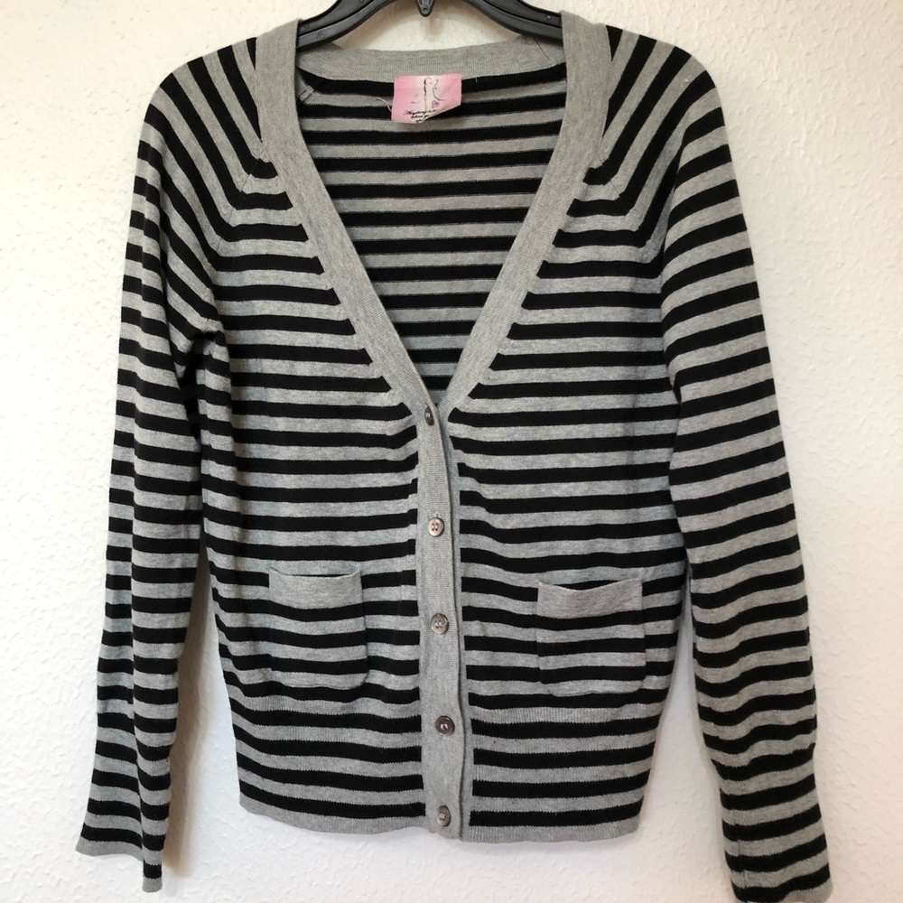 Black gray striped cardigan sweater M